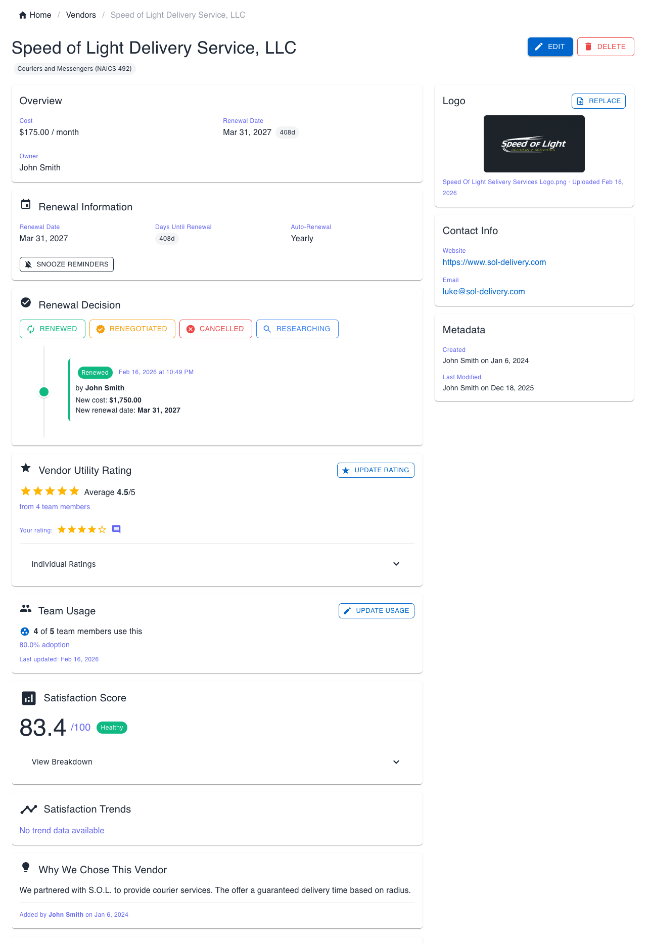 Vendor detail page showing institutional memory and decision history